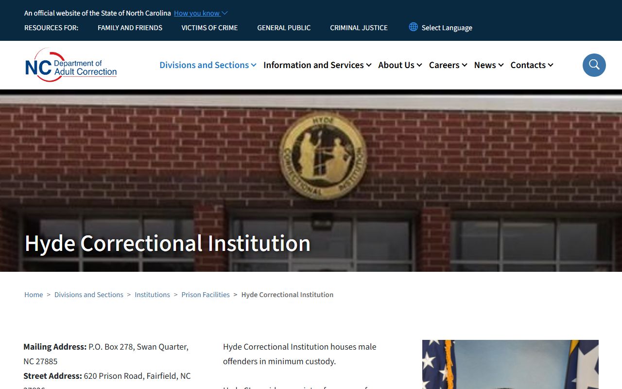 Hyde Correctional Institution NCDAC inmate facility page