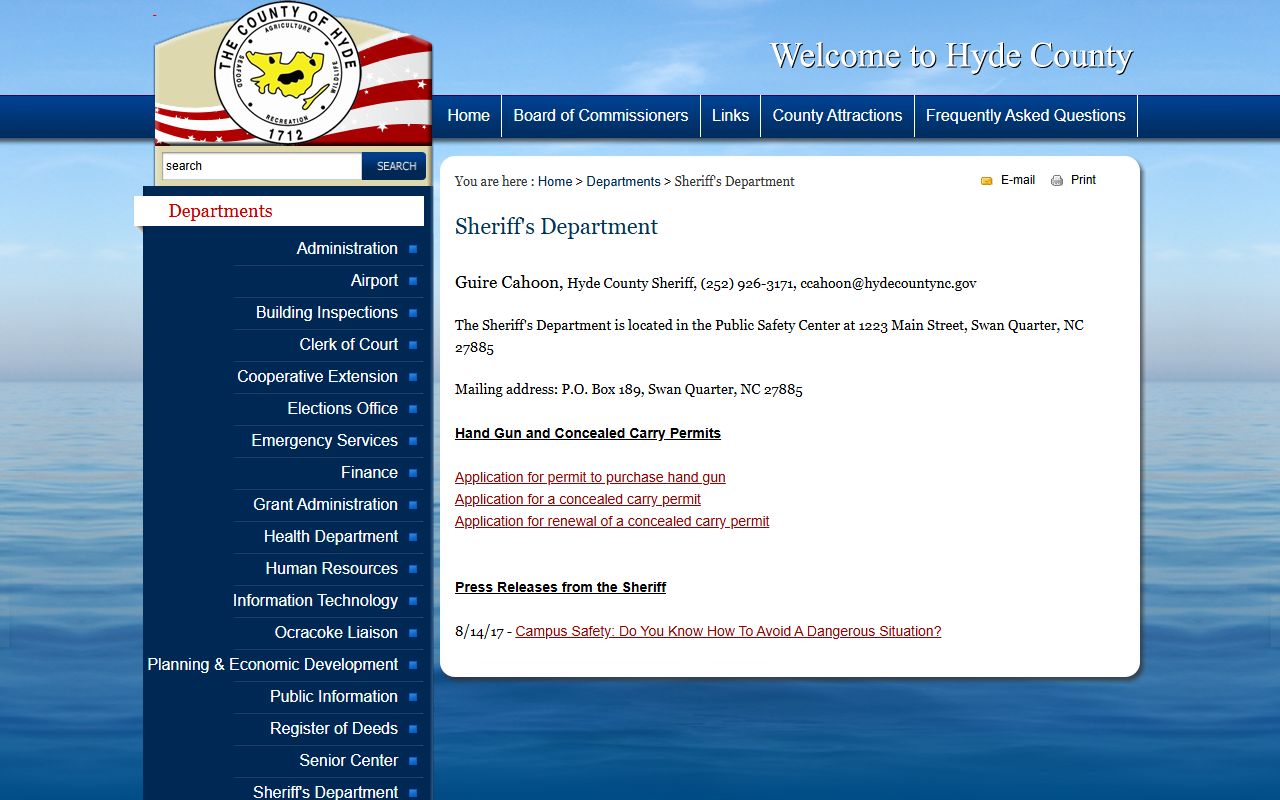 Hyde County Jail sheriff department contact page for inmate custody questions