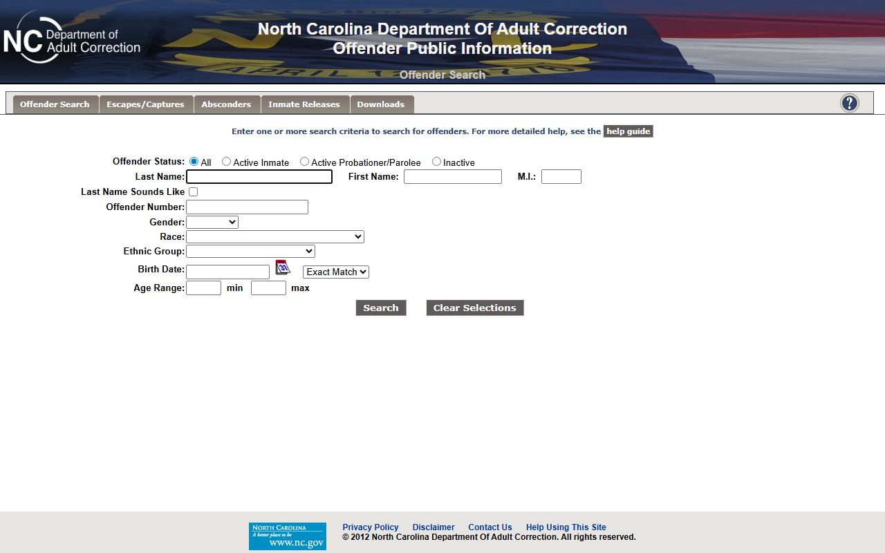 NCDAC offender search form for Hyde Correctional Institution inmate lookup